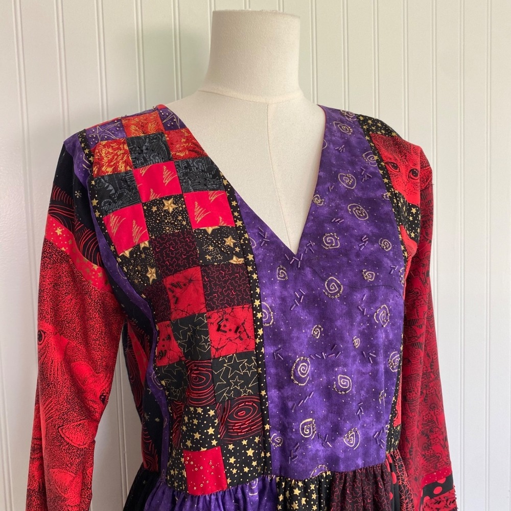 Handmade Womens Celestial Whimsigoth Midi Dress Size M Cats Beaded Unique Patch - Picture 3 of 14